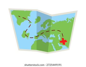 Ilustração de um mapa de papel dobrado mostrando um percurso de viagem com uma marca de destino de cruz vermelha