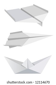 Illustration of folded paper models, aeroplanes and boat,  isolated on white background.