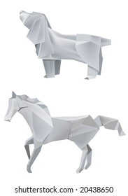 Illustration of folded paper models, dog and horse on white background, Vector illustration.