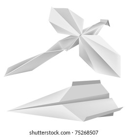 Illustration of folded paper models dragonfly and airoplane.