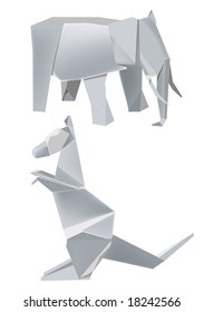 Illustration of folded paper models, elephant kangaroo on white background, Vector illustration.