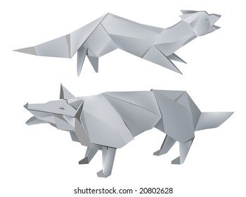 Illustration of folded paper models, fox and wolf on white background, Vector illustration.