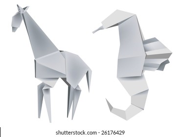 Illustration of folded paper models giraffe and seahorse. Vector illustration.