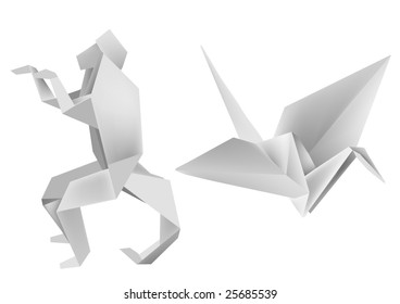 Illustration of folded paper models, monkey and crane. Vector illustration