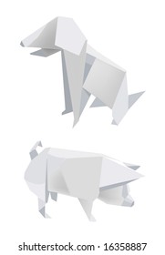 Illustration of folded paper models, pig and dog on white background, Vector illustration.