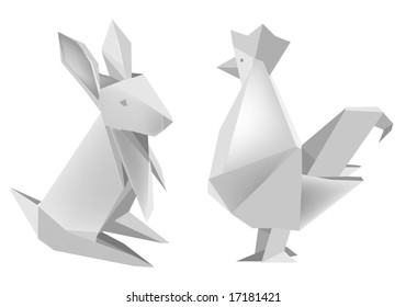 Illustration of folded paper models, rabbit and rooster on white background, Vector illustration.