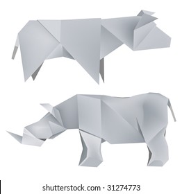 Illustration of folded paper models the  rhino and cow. Vector illustration.