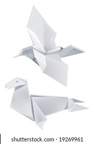 Illustration of folded paper models, seal and bird on white background. Vector illustration.