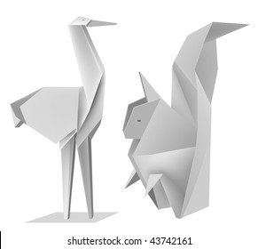 Illustration Of Folded Paper Models Squirrel And Stork.