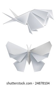 Illustration of folded paper models, swallow and butterfly. Vector illustration.