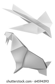 Illustration of folded paper models walrus and aeroplane.