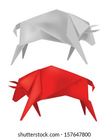 Illustration of folded paper origami model red and white origami bull  Vector illustration 