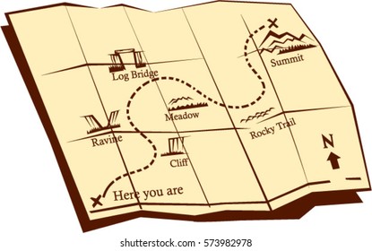 `Illustration of a folded Trail Map with x marks the spot , "Here you are" dotted line winding trail up from cliff, ravine, log bridge, Meadow, Rocky trail, and to the summit in retro woodcut style. 