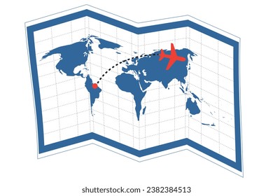 Illustration of a folded world map with a plane flying to a destination