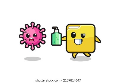 illustration of folder character chasing evil virus with hand sanitizer , cute style design for t shirt, sticker, logo element