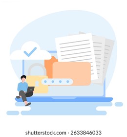 Illustration of folder containing confidential documents, Cloud security concept. can be used for banners, websites, and landing pages.