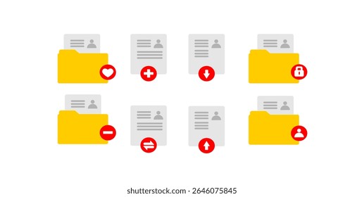 Illustration of folders and documents with various symbols indicating actions like adding, deleting, locking, and uploading.