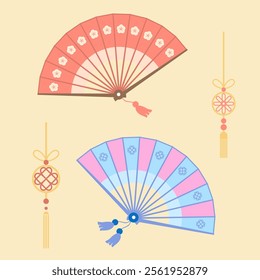 Illustration of a folding fan commonly found in Korean, Japanese, and Chinese cultures. Pastel color palette and delicate patterns, giving an elegant and feminine impression. Traditional Chinese style