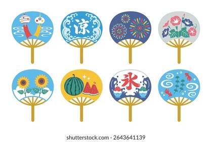 Illustration of a folding fan featuring Japanese summer scenes.Translation: cool, ice