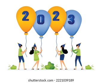 Illustration of folk party welcoming the beginning of 2023 with people holding 2023 balloons. Design for website, landing page, flyer, banner, apps, brochure, startup media company