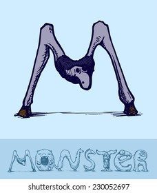 Illustration of  a font made of monsters stylized as engraving. Letter m