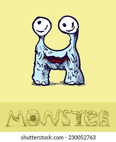 Illustration of  a font made of monsters stylized as engraving. Letter h