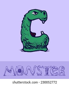 Illustration of  a font made of monsters stylized as engraving. Letter C