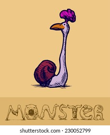 Illustration of  a font made of monsters stylized as engraving. Letter j