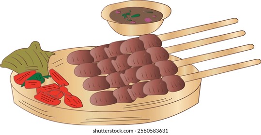 the Illustration of food called satay from Indonesia with soy suace