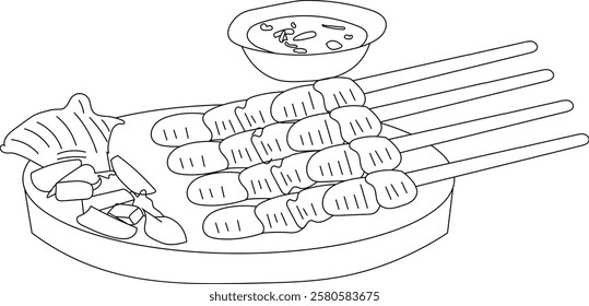 the Illustration of food called satay from Indonesia with soy suace