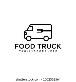 Illustration of a food delivery car that is made simple with a fork in the middle logo design.