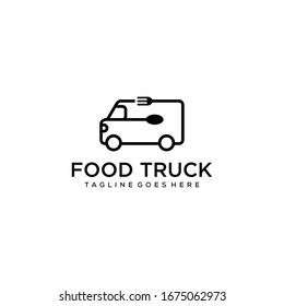 Illustration of a food delivery car that is made simple with a fork and spoon in the middle logo design.