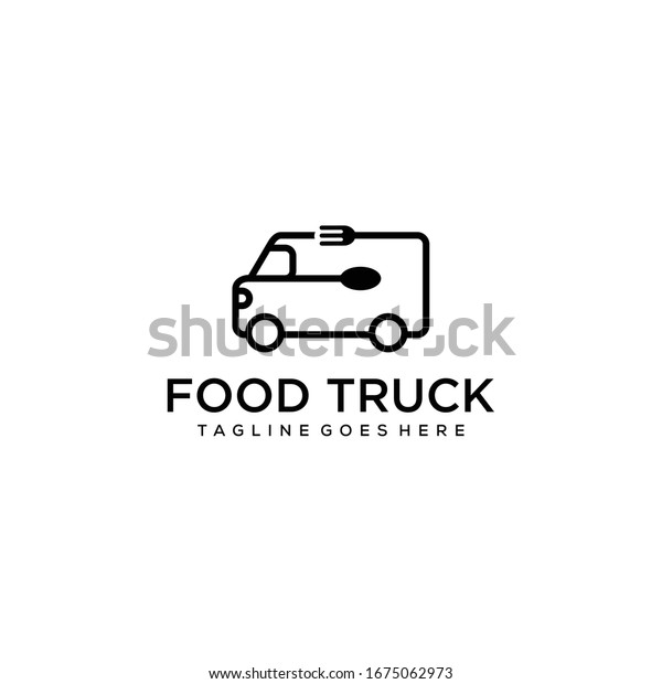 Illustration of a food delivery\
car that is made simple with a fork and spoon in the middle logo\
design.