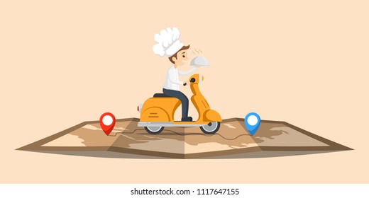 Illustration Food Delivery Chef Ride Motorcycle Service Cute character with map , Order many branches Worldwide Shipping , Fast and Free Transport , food express , vector cartoon shopping online