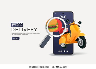 Illustration of a food delivery concept with a smartphone, scooter, and magnifying glass showing a burger.