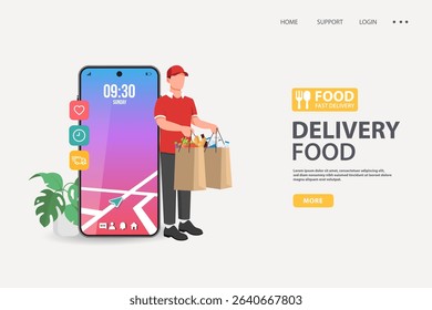 Illustration of a food delivery concept with a smartphone and delivery person.