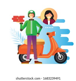illustration of a food delivery man giving feelings to a woman, food delivery service illustration concept of happy customers