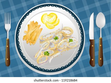 illustration of a food and a dish on a blue placemat