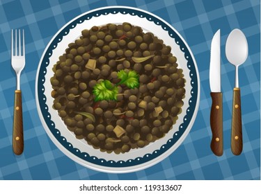 illustration of a food and a dish on a blue background