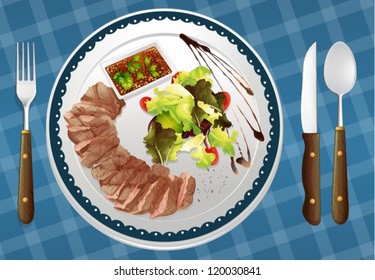 illustration of food and a dish on a blue background
