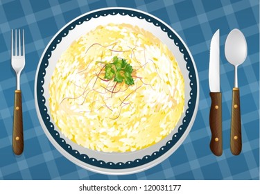 illustration of a food and a dish on a blue background