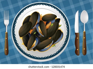 illustration of food and a dish on a blue background