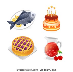 Illustration of food for a festive banquet, cake with candles, pie, whole fish on a plate, cherry punch, realistic in 3d style.