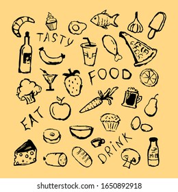 illustration with food icons on orange background. doodle food vector illustration.