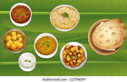 illustration of food on a banana leaf