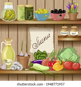 Illustration with food on the shelves.Various food items on wooden shelves in color vector illustration.