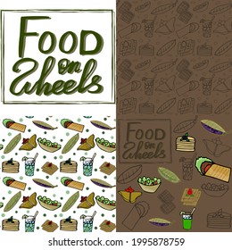 Illustration food on wheels, summer vans, food in nature and in the city, fast food, snacks are always near