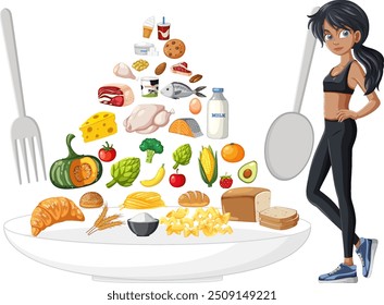 Illustration of food pyramid and healthy woman