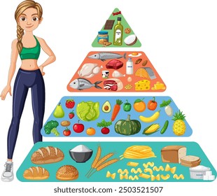 Illustration of food pyramid with various food groups