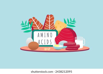 Illustration of food sources that contain amino acids from animal protein. Meat, eggs, milk, fish, nuts, cheese